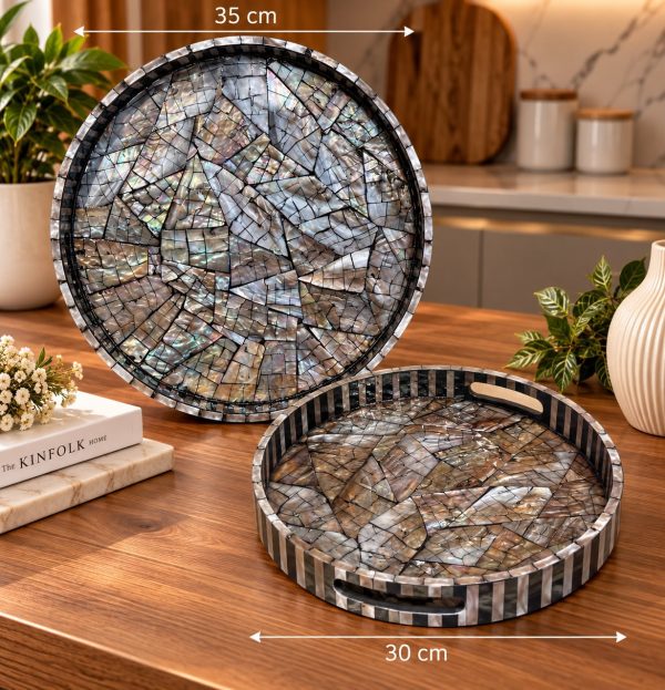 Dark Grey Mother of Pearl Round Tray Set 30 & 35 cm - SK-5355 Dark Grey Mother of Pearl Round Tray Set 30 & 35 cm - SK-5355