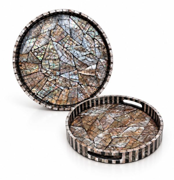 طقم صواني صدف دائري بني غامق قطعتين 30 و35 سم | Dark brown mother of pearl round tray set, 2 pieces 30 and 35 cm