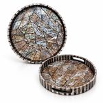 Dark Brown Mother of Pearl Round Tray Set, 2 Pieces 30 & 35 cm