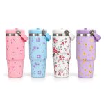 Floral Stainless Tumbler with Straw Lid, 900 ml