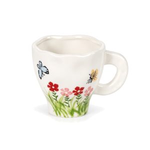 Hand-painted floral ceramic mug with butterflies