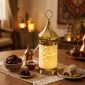 Ramadan Kareem LED Lantern – Gold & White – 31 cm glowing on a console with dates and coffee