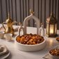 Mosque arch serving tray with dates and apricots on an iftar table