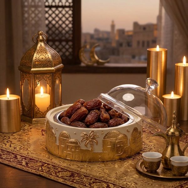 Gold Ramadan date server filled with dates on an iftar table with lantern and candles Gold Ramadan date server filled with dates on an iftar table with lantern and candles