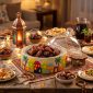 Colourful Ramadan date server filled with dates on a family iftar table with lantern and lights