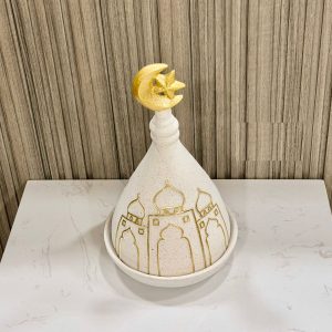 Stone-look Ramadan date server with gold mosque drawing and crescent – SK-4954