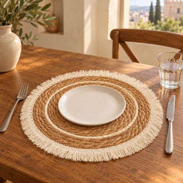 Natural round woven straw table placemat with cream fringe edge سوبلا قش دائري طبيعي مع شراريب كريمية على الطرف — لايف ستايل