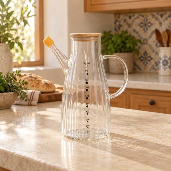 1000ml Ribbed Glass Oil Dispenser Bottle with Bamboo Lid زجاجة زيت قزاز مقلّمة 1000 مل بغطاء بامبو وسدادة صفراء — لايف ستايل