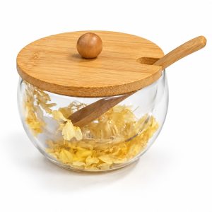 Yellow flower sugar bowl with wooden lid and spoon