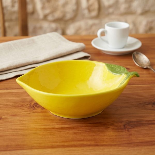 Medium Lemon-Shaped Serving Bowl – Yellow كاسة تقديم صفراء بشكل حامض مع تفصيل ورقة خضراء