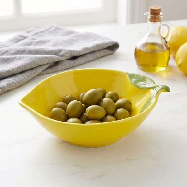 Medium Lemon-Shaped Serving Bowl – Yellow كاسة تقديم صفراء بشكل حامض مع تفصيل ورقة خضراء